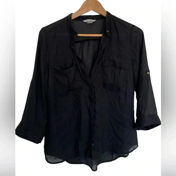 5/20$ Black V-Neck 3/4 Sleeve Button Down Shirt - Picture 1 of 8